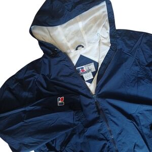 Vintage Russell Athletic Navy Blue Full Zip Hooded Windbreaker Large/Men‎